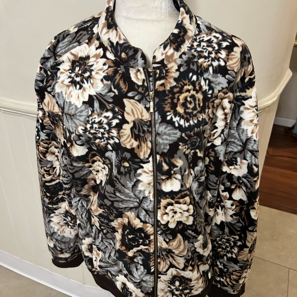 Isaac Mizrahi Live! Floral Fleece Zip Up Bomber Jacket-Neutral Earth Tones/XL